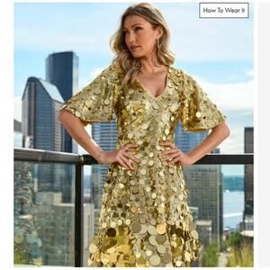 NWT Boston Proper Effortless Glamour Paillette A-Line Gold Holiday Dress Size 18